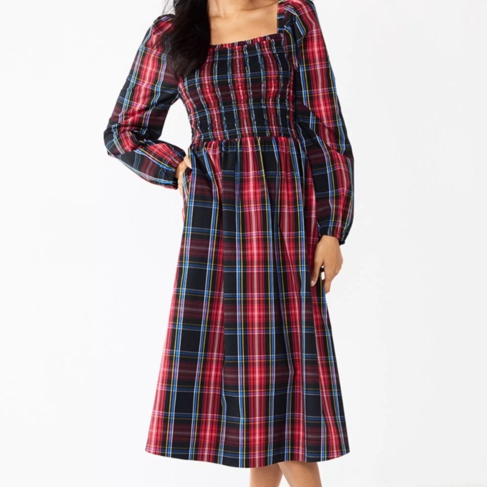 Draper James Plaid Midi Dress - Red and Blue